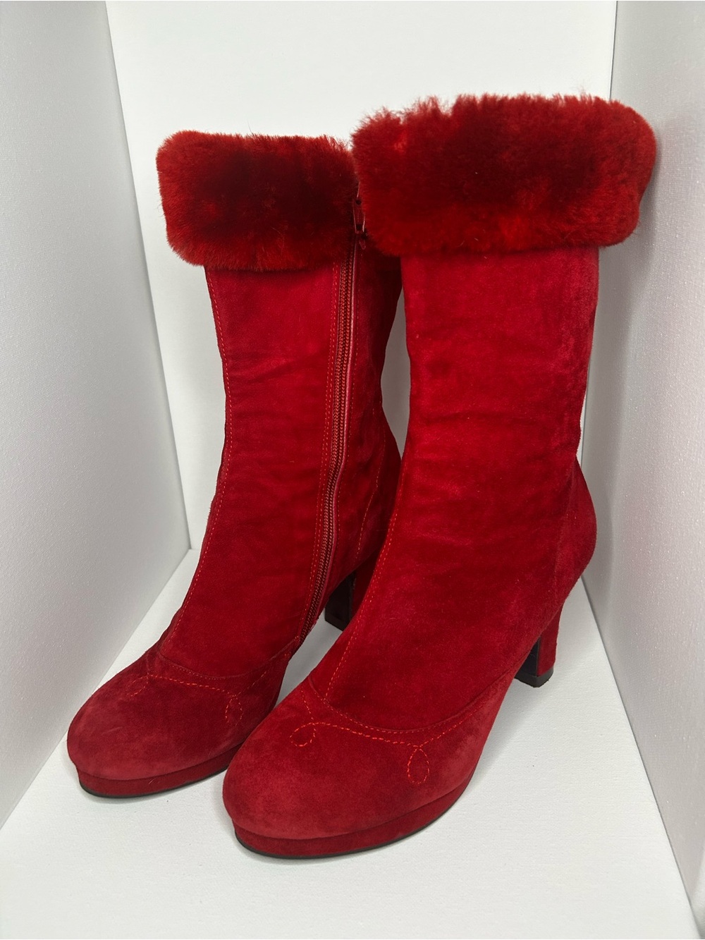 Red Suede Fur-Cuff Mid-Calf Heeled Boots